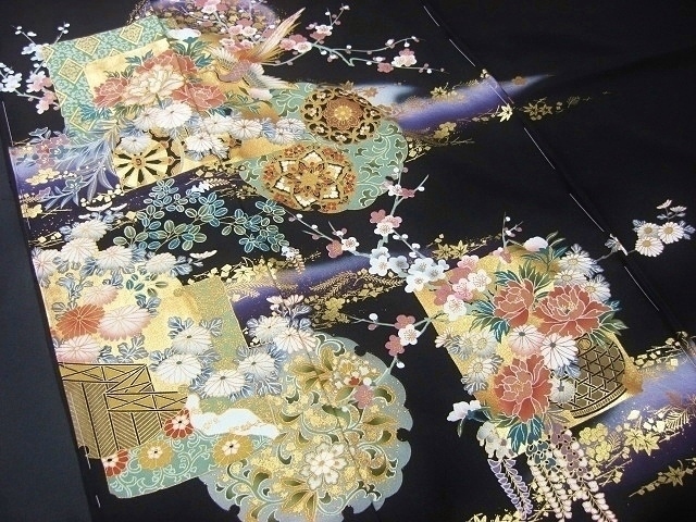 【トールサイズ・背の高い方】　黒留袖レンタル58　（京友禅創作黒留袖/雪輪に花絵札文様）2