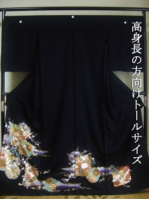 【トールサイズ・背の高い方】　黒留袖レンタル58　（京友禅創作黒留袖/雪輪に花絵札文様）