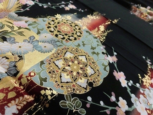 黒留袖レンタル96 (創作黒留袖/雪輪に花絵札文様/新色 )5