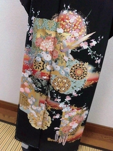 黒留袖レンタル96 (創作黒留袖/雪輪に花絵札文様/新色 )10